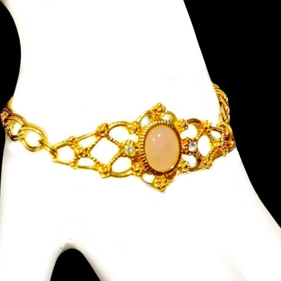 Vintage Avon gold filigree faux coral crystal floral double link bracelet 6.5” - Picture 1 of 8